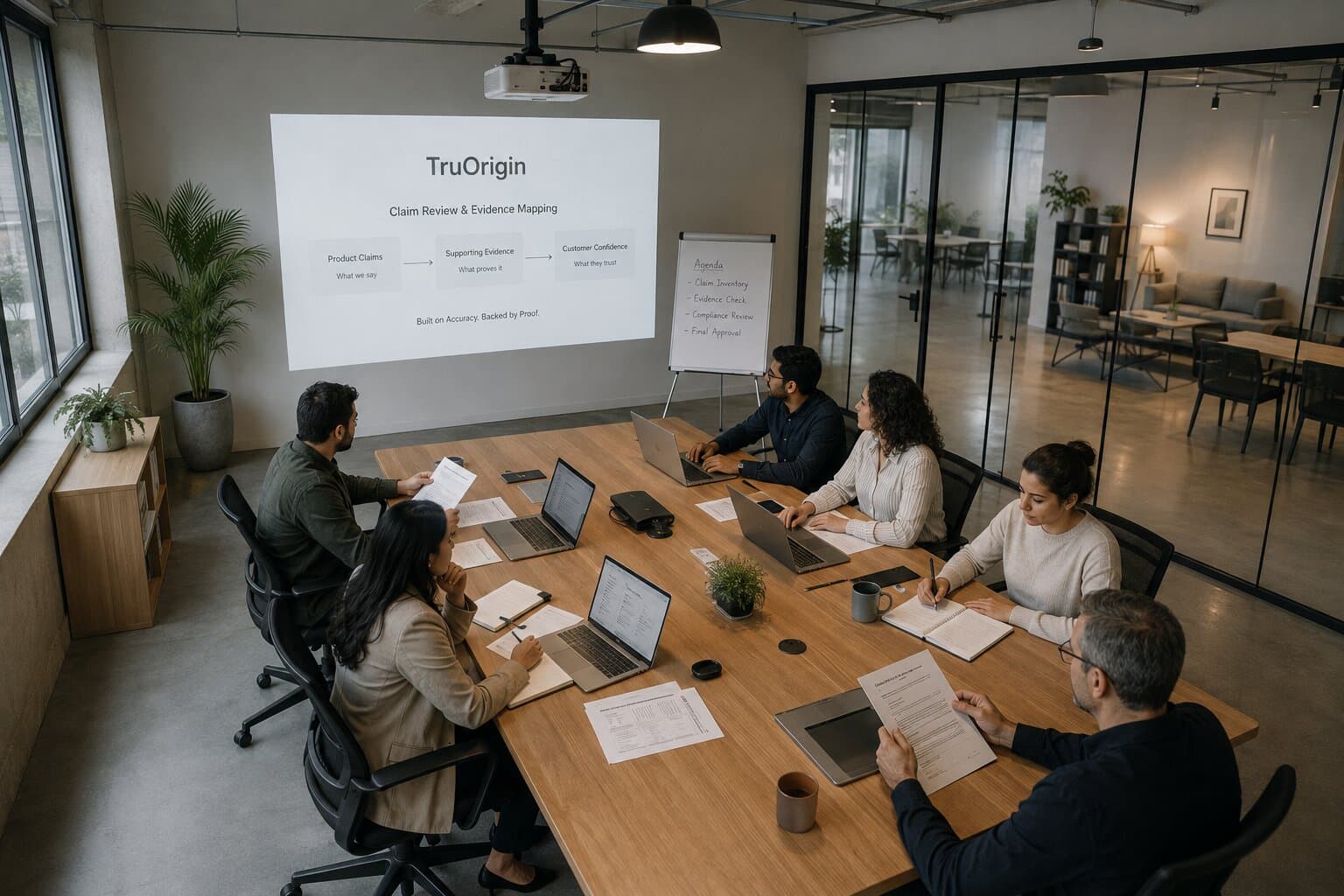 A brand team reviewing product claims and supporting documentation before publishing