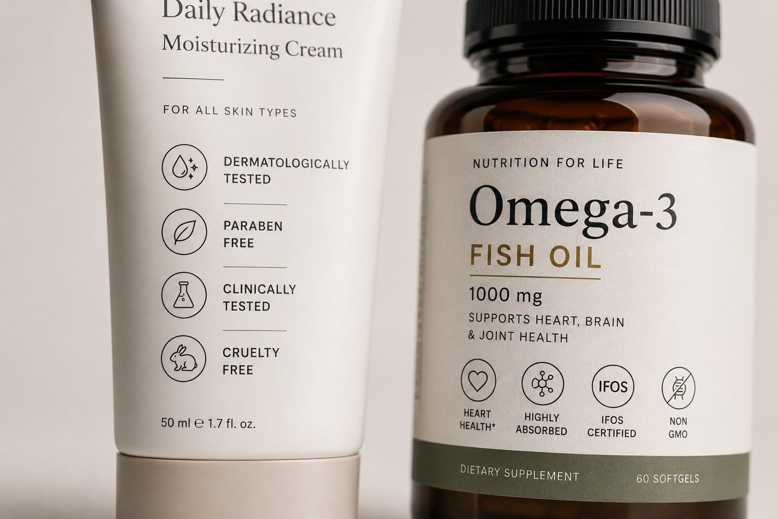 Close-up of skincare and supplement packaging showing common marketing claims