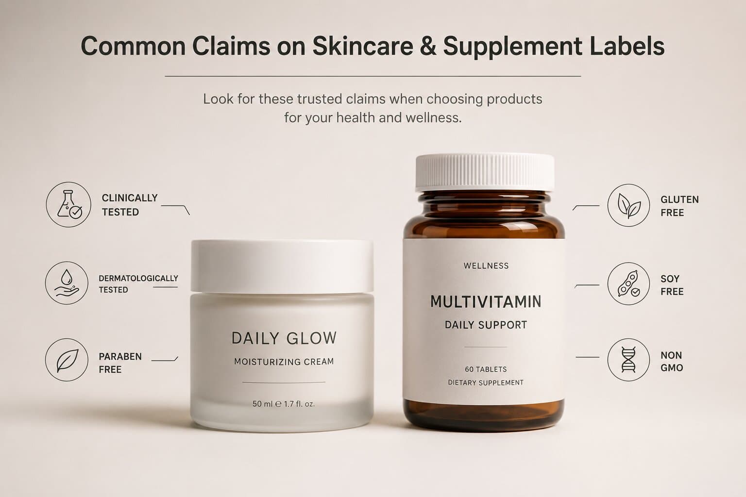 Skincare and supplement labels showing common claim phrases like Clinically Tested and Paraben Free