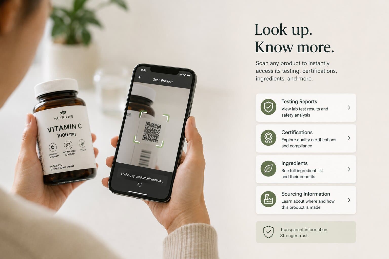 A customer scanning a product with a smartphone to look up its supporting information