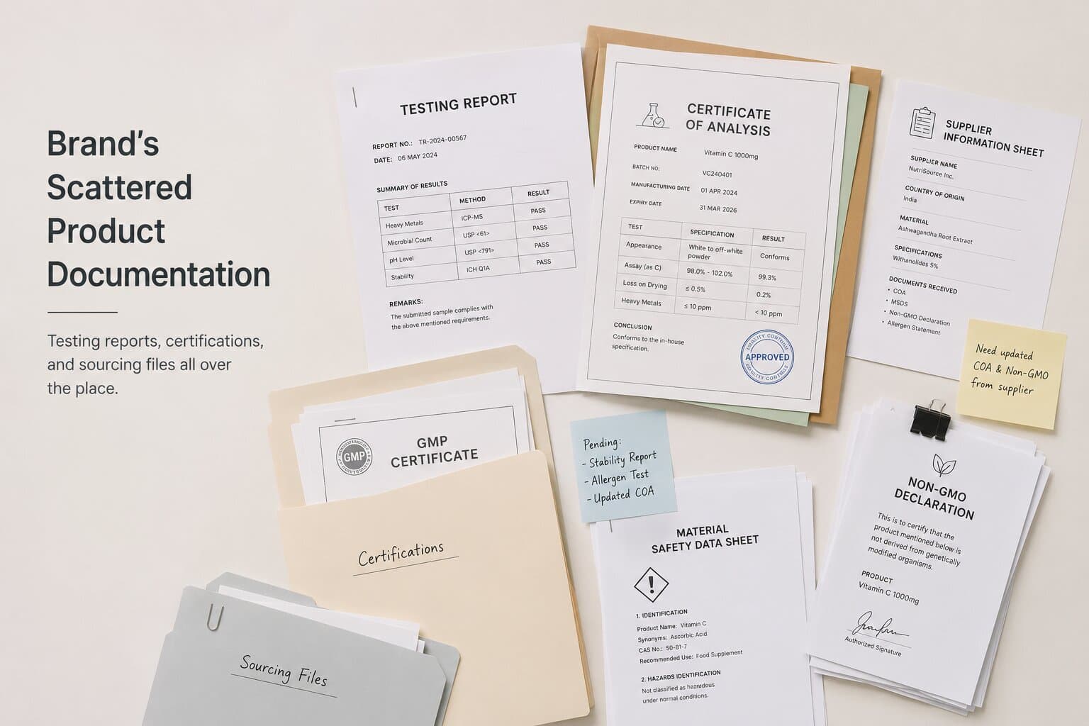 A brand's scattered product documentation: testing reports, certifications, and sourcing files